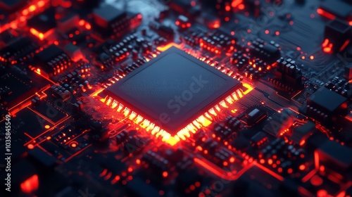 Closeup of a glowing red CPU processor on a circuit board.