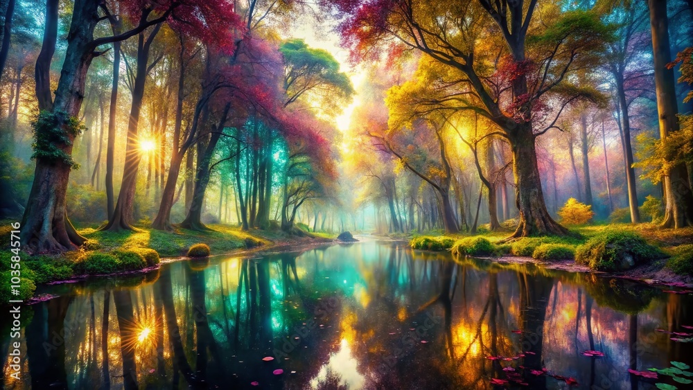 Surreal Pond in Woods with Tilted Perspective for Dreamy Landscapes Surreal Pond in Woods with Tilted Perspective for Dreamy Landscapes