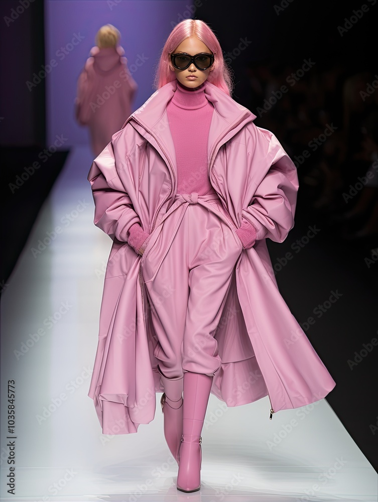 Fashion Event Featuring a Woman Collection in bright pink shades. A model showcases an outfit on the runway.