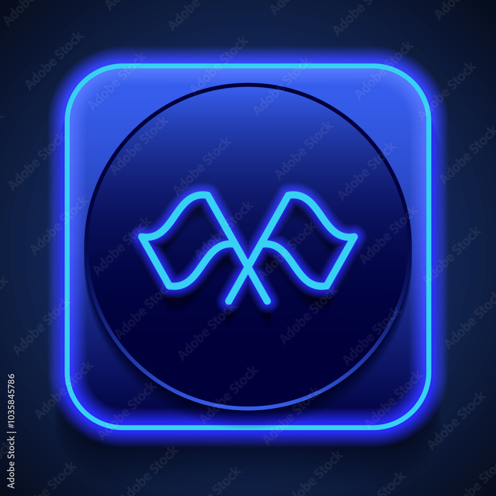 Finish simple icon vector. Flat design. Blue neon style on button. With shadow