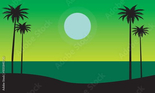 summer background with beach and silhouette of coconut trees in the afternoon