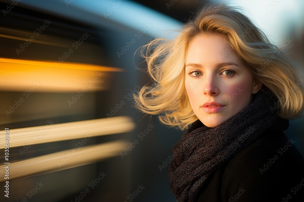 A blonde woman in a scarf stands by a moving train in warm light, her hair flowing in the breeze A blonde woman in a scarf stands by a moving train in warm light, her hair flowing in the breeze