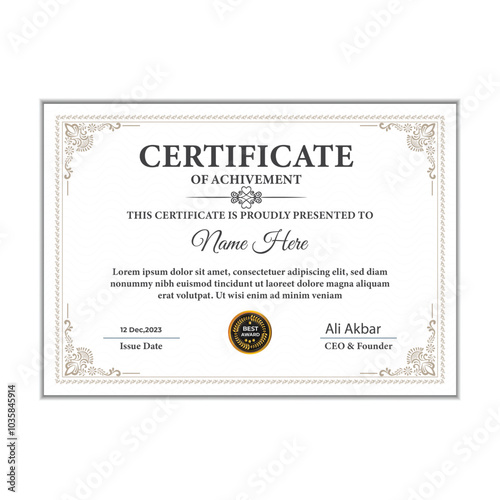 Blue and gold certificate of achievement template with gold badge and border