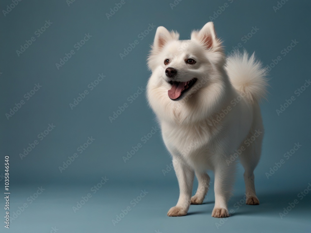 Fluffy White Dog Standing Cheerfully Against a Clean Studio Background