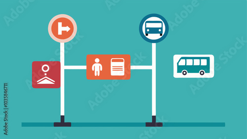 Wayfinding with Icons A directional signpost at a public transport hub showing various accessible transport icons like buses trains and elevators along with arrows leading the way.