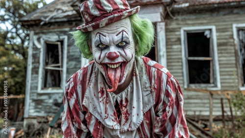 Horrifying clown with bloodstained striped costume in front of abandoned house. Grotesque makeup, protruding tongue, and menacing grin. Eerie Halloween horror concept with decrepit background.