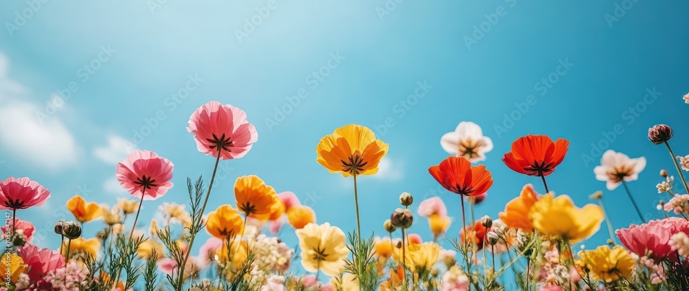 Obraz premium Beautiful Field of Colorful Spring Flowers Under Clear Blue Sky