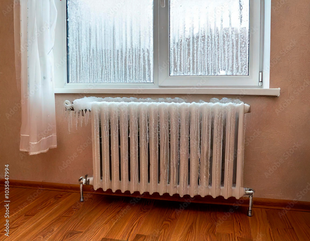custom made wallpaper toronto digitalA radiator covered in ice and frost beneath a window, indicating extreme cold indoors.