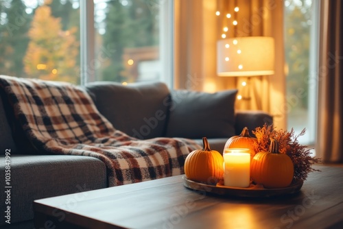 Cozy autumn living room with pumpkins, warm lights, and a plaid blanket in a serene setting