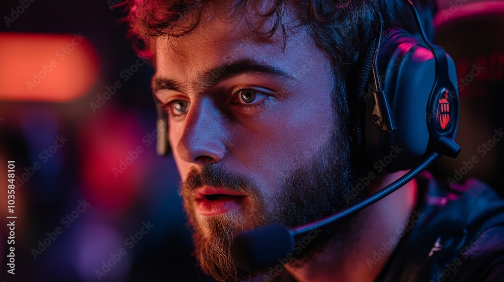 A player engages deeply in an esports competition, showcasing concentration and dedication with his headset on, surrounded by vibrant event lighting. A player engages deeply in an esports competition, showcasing concentration and dedication with his headset on, surrounded by vibrant event lighting.