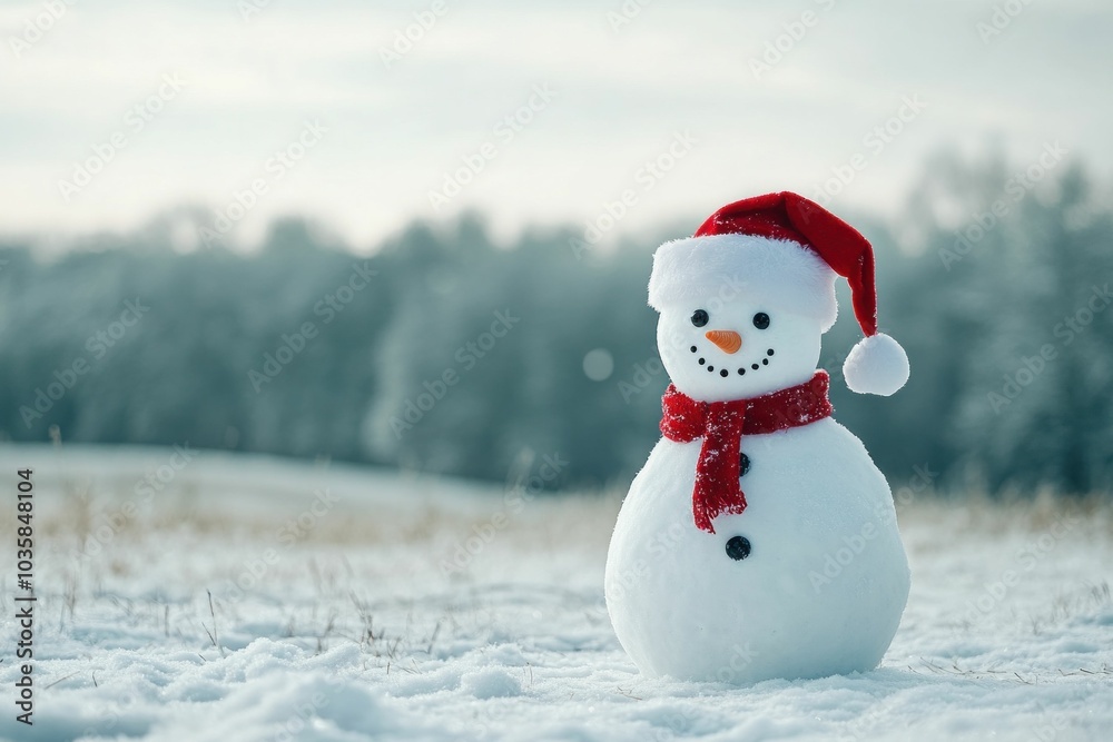 Snowman, winter, Christmas, festive snowman wearing a red hat and scarf stands in a snowy landscape surrounded by frosty trees in the background, creating a cheerful atmosphere Snowman, winter, Christmas, festive snowman wearing a red hat and scarf stands in a snowy landscape surrounded by frosty trees in the background, creating a cheerful atmosphere