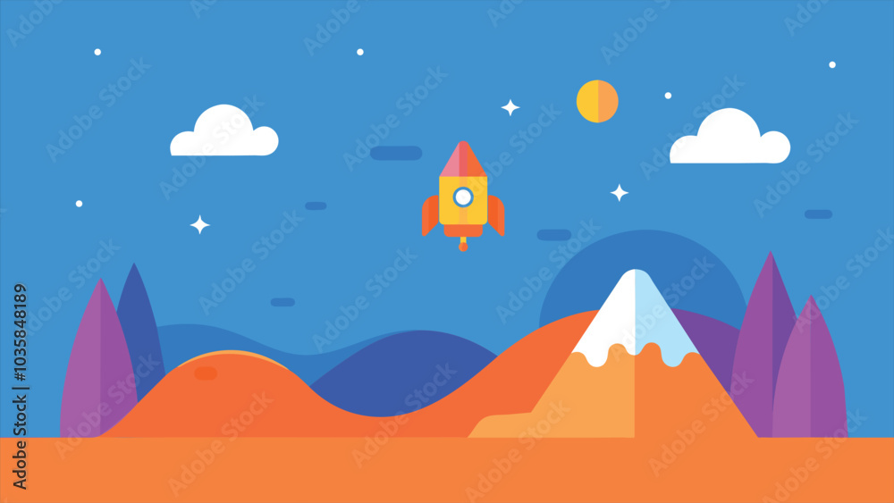 A cartoonish drawing of a rocket flying through the sky above a mountain range. The sky is blue and dotted with stars A cartoonish drawing of a rocket flying through the sky above a mountain range. The sky is blue and dotted with stars