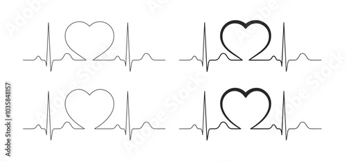 Heartbeat pulse, rhythm, Electrocardiogram, ECG, and EKG signal line pattern with a heart in the middle isolated on a white background with editable stroke. Fall in love concept. Vector illustration