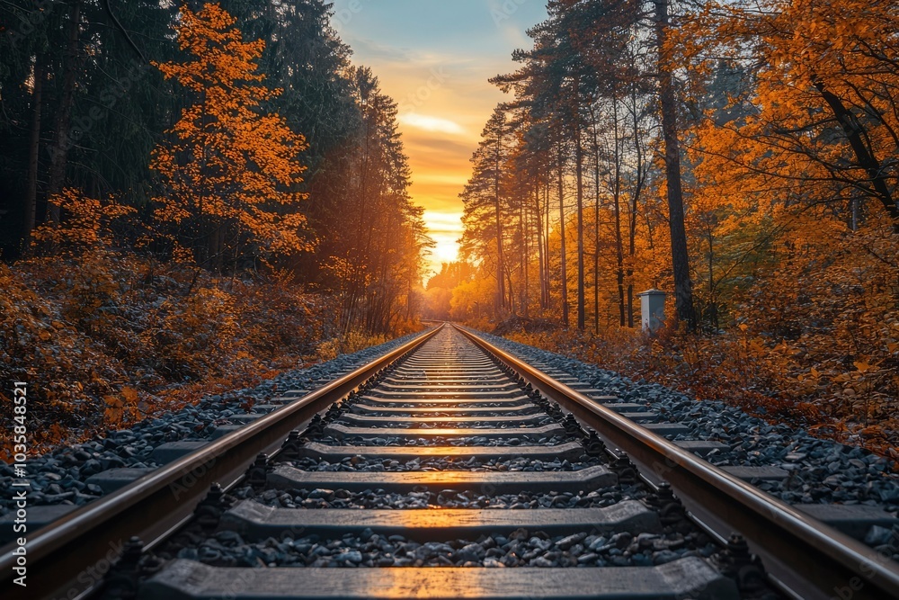 Obraz premium Train Tracks Through Golden Autumn Forest at Sunset