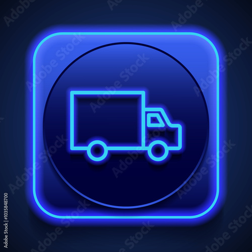 Delivery simple icon vector. Flat design. Blue neon style on button. With shadow