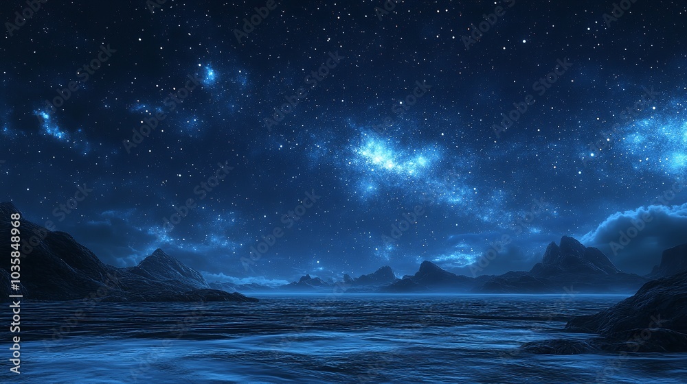 Naklejka premium The landscape with the ethereal beauty of the Milky Way galaxy, a celestial tapestry of twinkling stars scattered across the night sky.