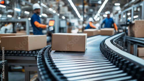 detailed photograph of factory conveyor belt shows boxes moving efficiently in modern industrial setting. Workers in safety gear are visible in background, ensuring smooth operations