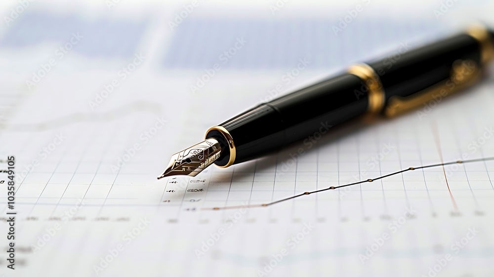 A fountain pen resting on financial graphs and charts, symbolizing business analysis and decision-making. A fountain pen resting on financial graphs and charts, symbolizing business analysis and decision-making.