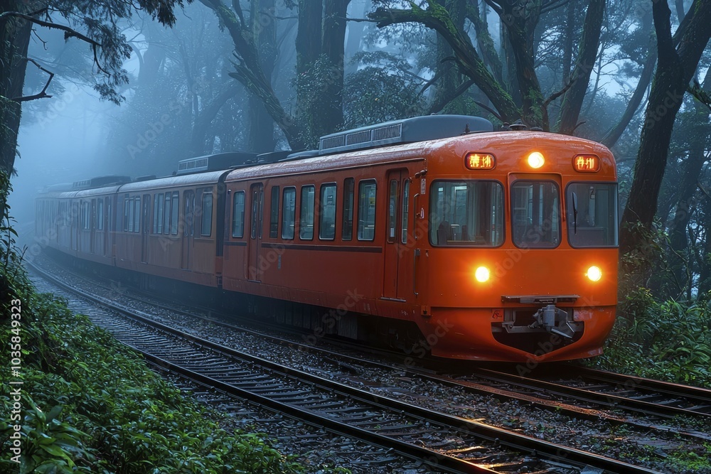 Obraz premium Red Train Emerging from Foggy Forest