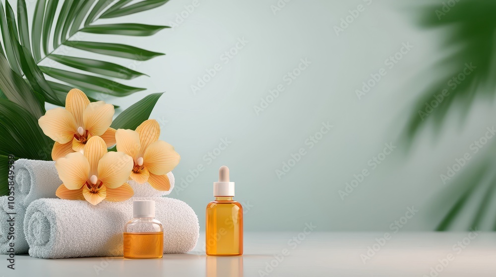 The image features elegant flowers, essential oil bottles, and spa towels, creating a serene and luxurious ambiance perfect for relaxation and beauty. The image features elegant flowers, essential oil bottles, and spa towels, creating a serene and luxurious ambiance perfect for relaxation and beauty.