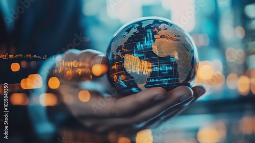 A hand holding a glass globe with a digital world map in the background, symbolizing globalization and global communication.