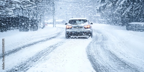 Car Driving Through a Snowy Blizzard on a Winter Road