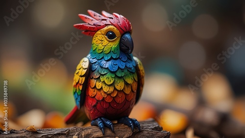 A colorful parrot figurine with red, yellow, green and blue plumage, perched on a tree branch.