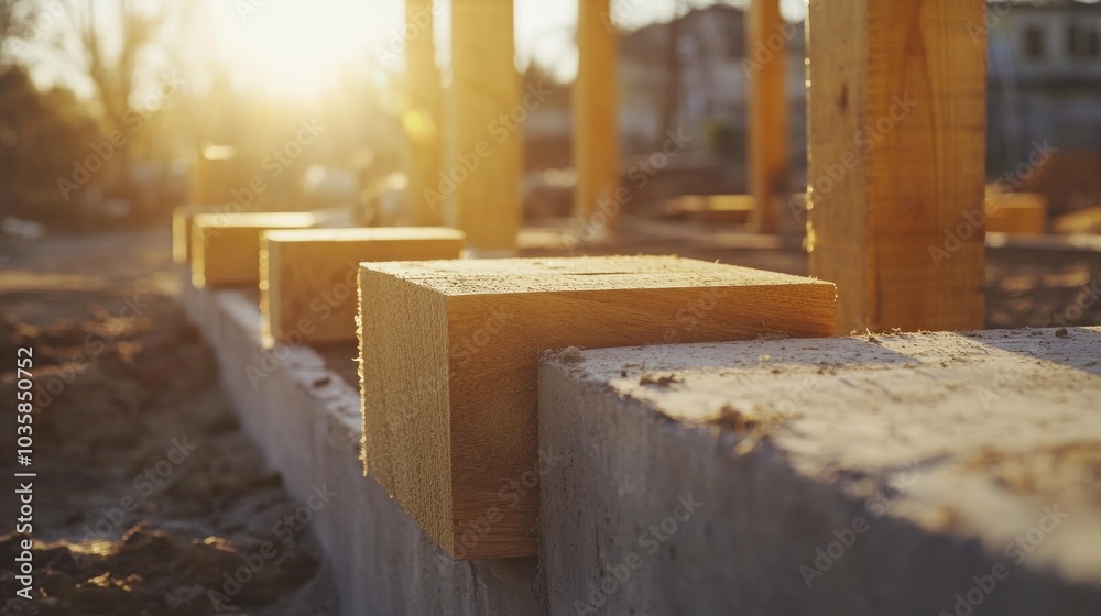 Sunny morning view of a wooden house foundation beam placement on a construction site Sunny morning view of a wooden house foundation beam placement on a construction site