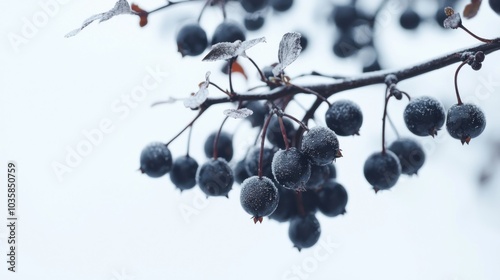 Frost-covered Aronia prunifolia berries on a snowy branch in winter