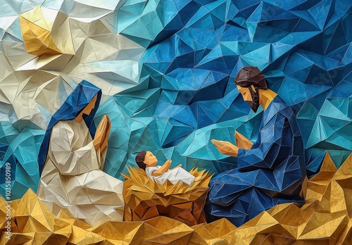 Origami nativity scene with Mary,Joseph, and baby Jesus in vibrant colors photo