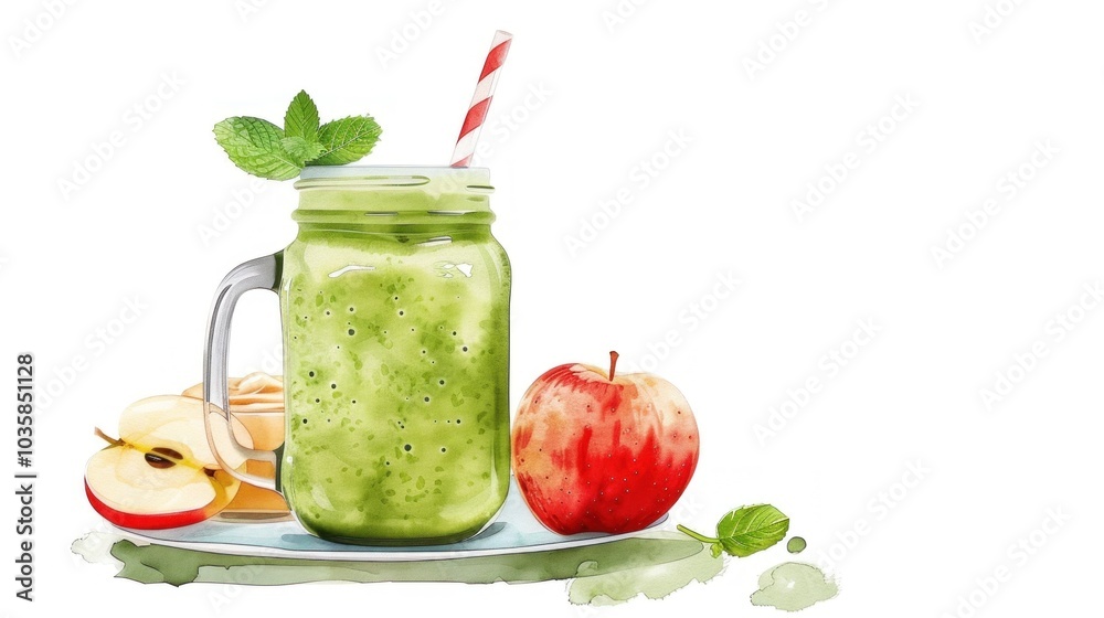 Fototapeta premium Refreshingly healthy green smoothie in mason jar with red apple and mint leaves