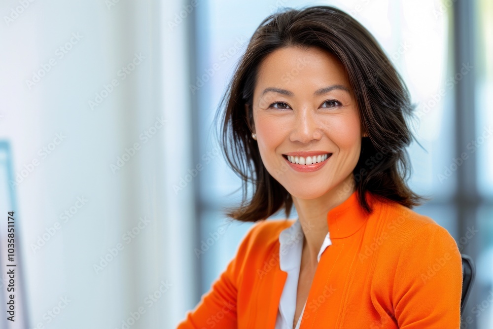 Smiling professional Asian woman in orange blazer with bright office background