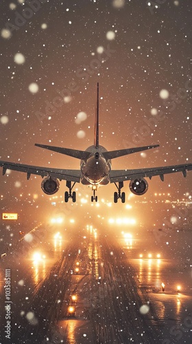 Airplane Landing in Snow at Night: Runway Lights and Silhouette photo