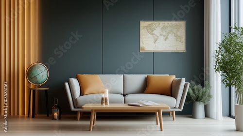 Modern Living Room with Gray Sofa, World Map Art, and Vintage Decor 