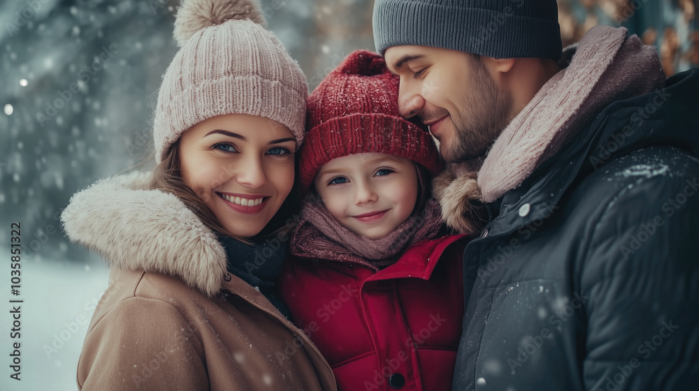 Fototapeta premium Portrait of happy smiling young family with son and daughter standing outdoors enjoying time together in winter forest. Family leisure concept, generative ai
