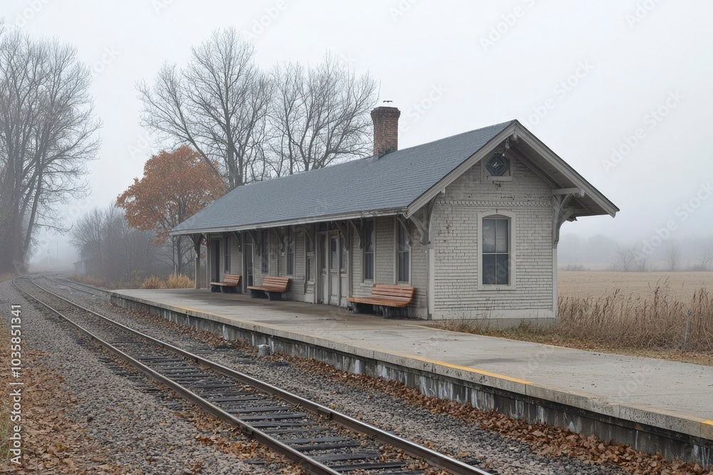 Abandoned Train Station in Foggy Landscape Abandoned Train Station in Foggy Landscape