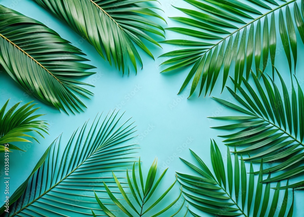 Tropical Palm Leaves Flat Lay on Light Blue Background for Summer Aesthetic Tropical Palm Leaves Flat Lay on Light Blue Background for Summer Aesthetic