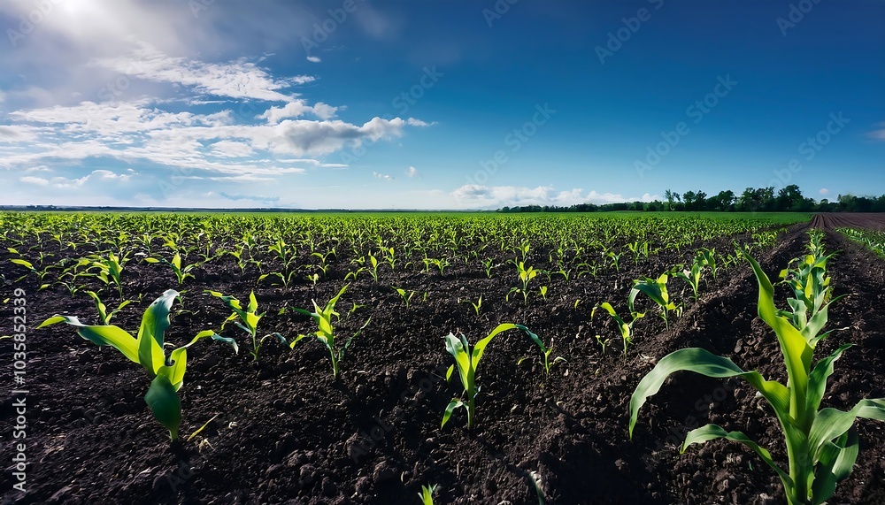 Fresh corn sprouts thrive in a wide field under a clear blue sky on a sunny day. Generative AI Fresh corn sprouts thrive in a wide field under a clear blue sky on a sunny day. Generative AI