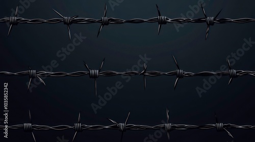 Close up of three rows of barbed wire against a dark background. photo