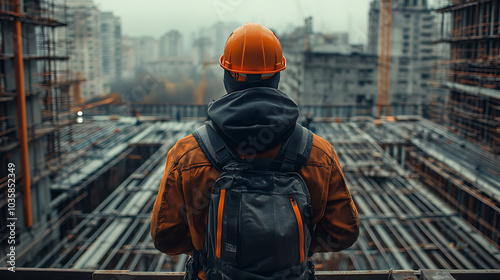Wallpaper Mural A construction worker with a tablet inspecting steel beams and concrete slabs on-site  Torontodigital.ca