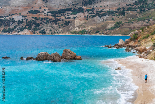 Fototapeta Naklejka Na Ścianę i Meble -  view of blue beach of famous greek island
