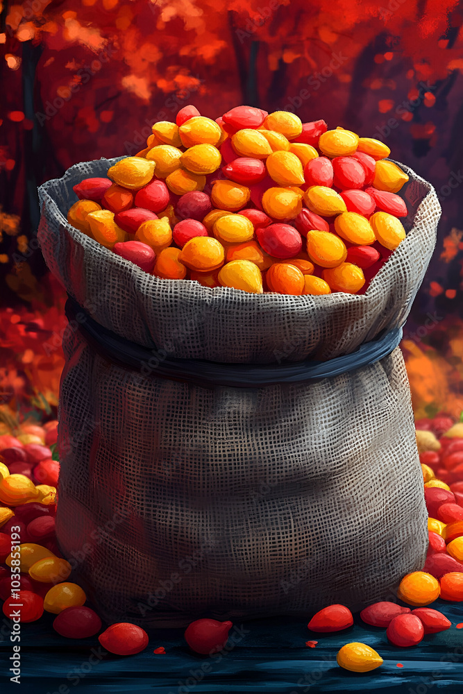 Naklejka premium A burlap sack overflowing with vibrant red and yellow candies set against a colorful autumn backdrop.