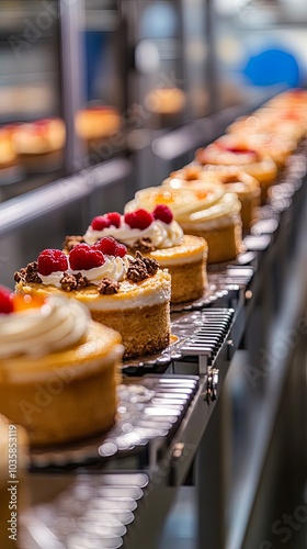 Close-up of Freshly Baked Cheesecakes on a Conveyor Belt in a Bakery