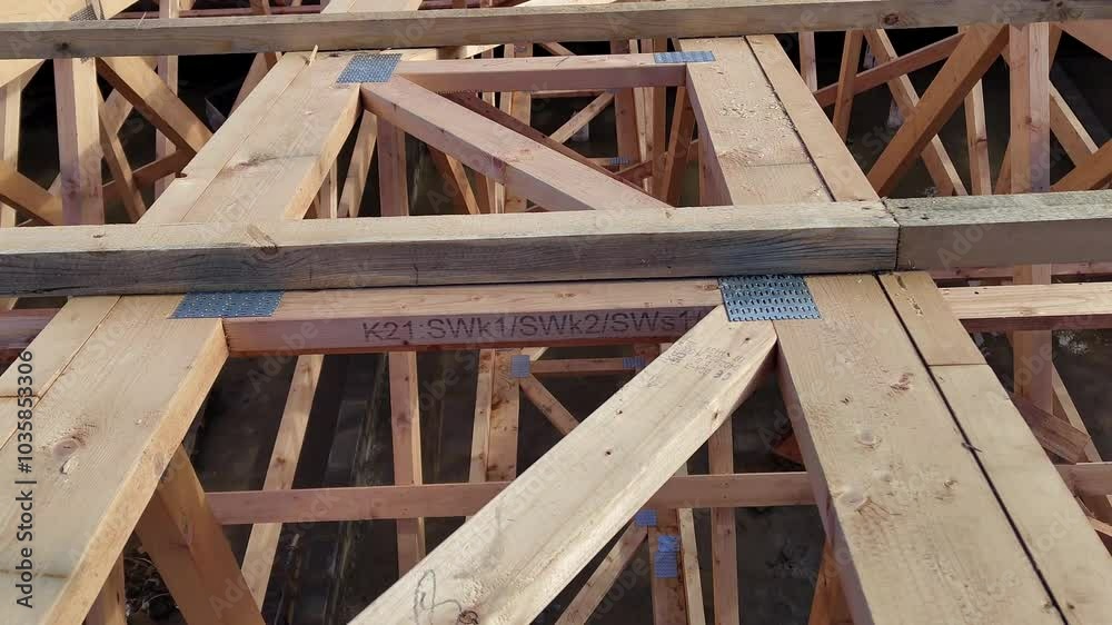 Construction of wooden beams for roof construction. Framing work on the construction site Construction of wooden beams for roof construction. Framing work on the construction site