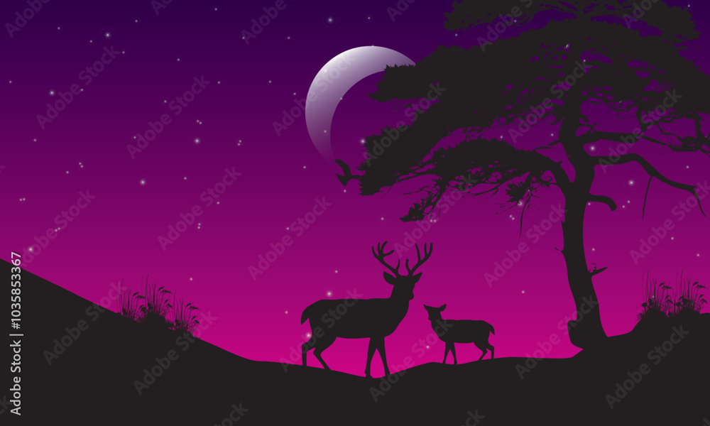 Beautiful view at night with moonlight, stars, tree silhouettes and wild deer Beautiful view at night with moonlight, stars, tree silhouettes and wild deer