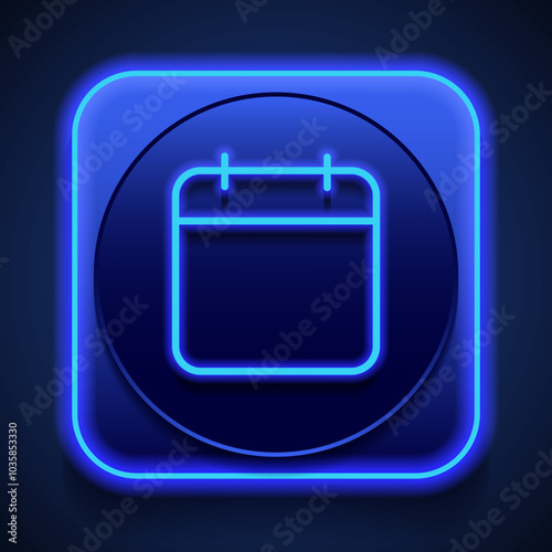 Calendar simple icon, vector. Flat design. Blue neon style on button. With shadow