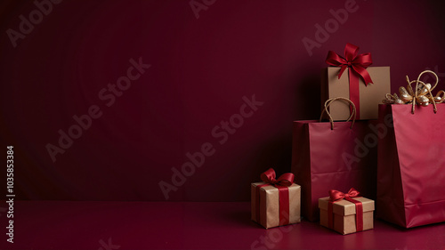 Red shopping bags and gifts with bows on burgundy background