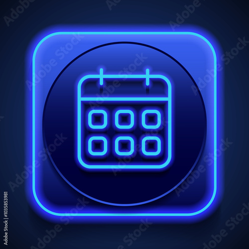 Calendar simple icon vector. Flat design. Blue neon style on button. With shadow