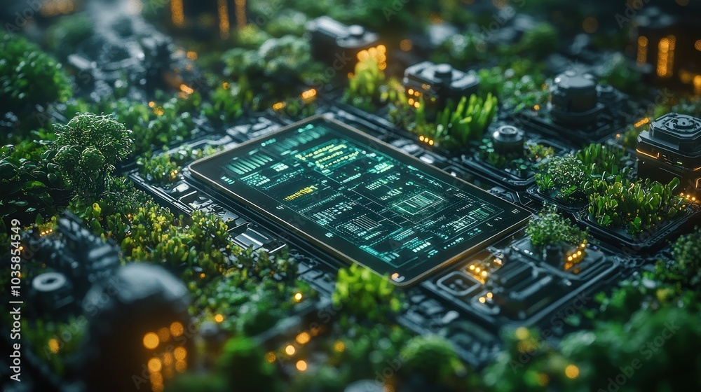 Obraz premium A futuristic cityscape with green plants growing on a computer chip, symbolizing the connection between nature and technology.