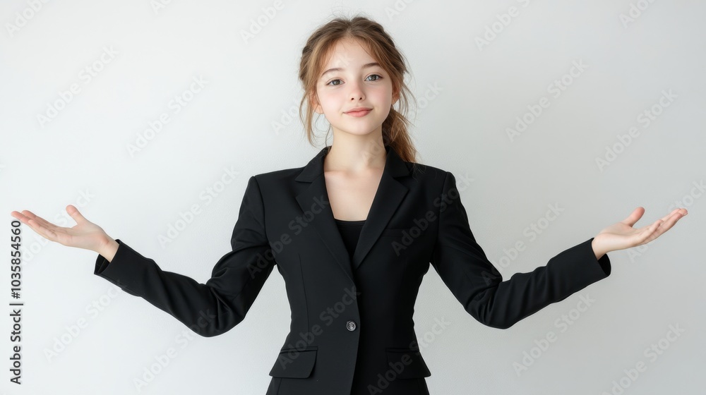 Empowered Young Professional Showcasing Confidence with Outstretched Hands and Smile